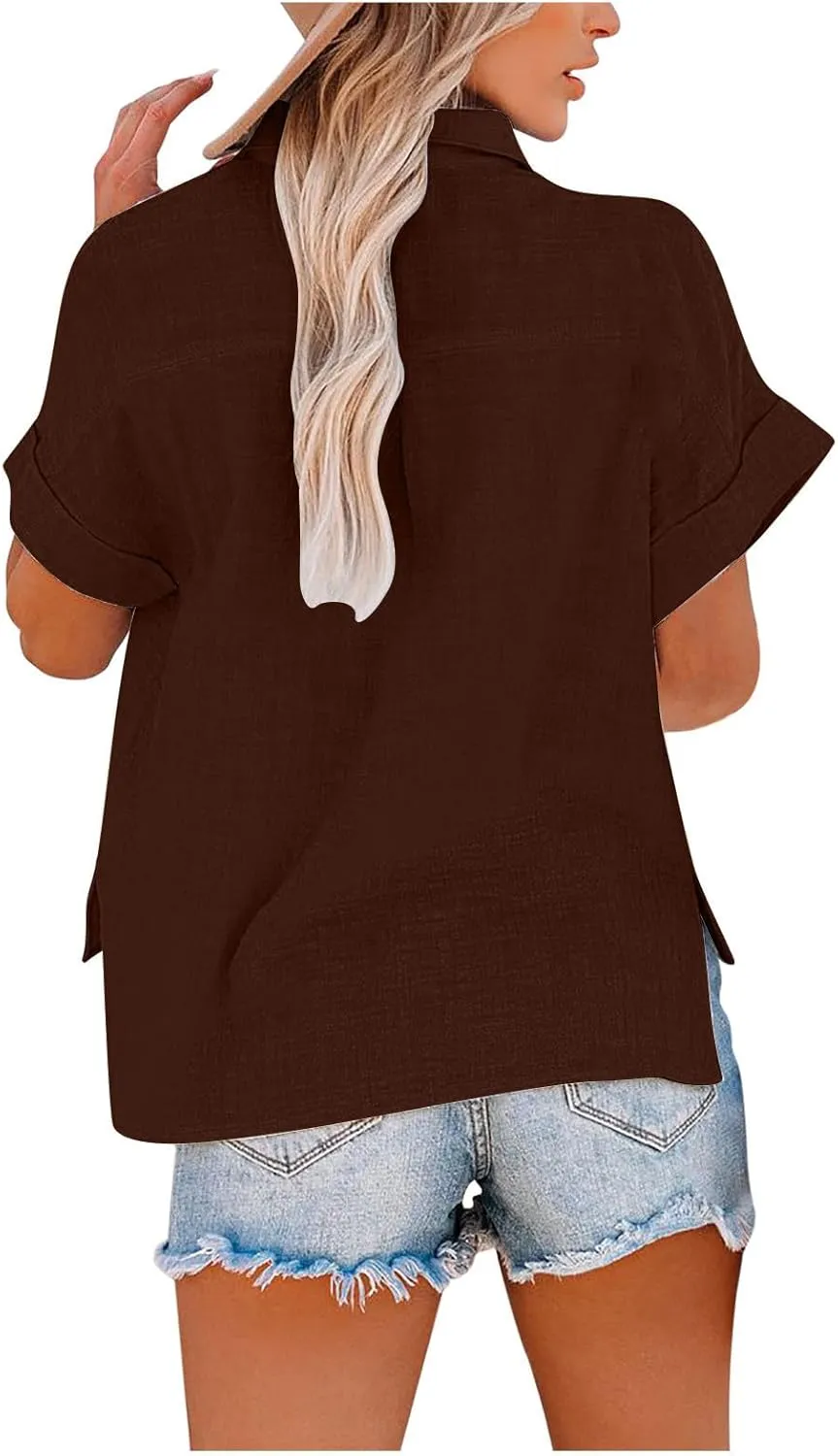 Ceboyel Women Cotton Linen Summer Shirts Collared Button Down Blouses Gauze Short Sleeve Tops Causal Ladies Outfits 2023