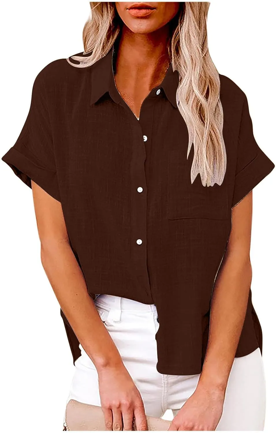 Ceboyel Women Cotton Linen Summer Shirts Collared Button Down Blouses Gauze Short Sleeve Tops Causal Ladies Outfits 2023