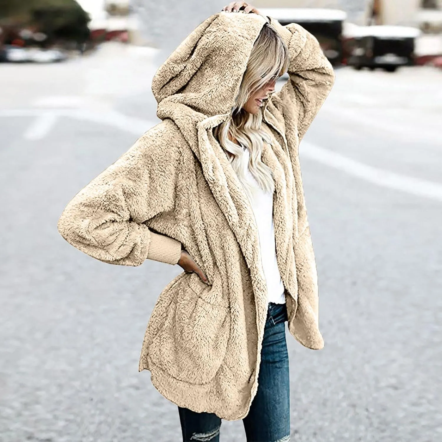 Ceboyel Womens Fleece Teddy Coats 2023 Trendy Hooded Winter Jacket Shaggy Faux Sherpa Cardigans Fashion Warm Clothes