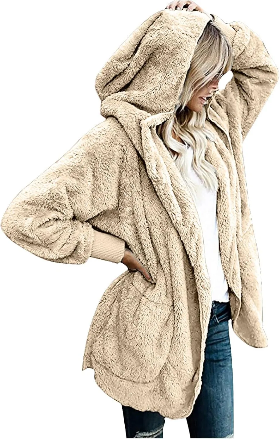 Ceboyel Womens Fleece Teddy Coats 2023 Trendy Hooded Winter Jacket Shaggy Faux Sherpa Cardigans Fashion Warm Clothes
