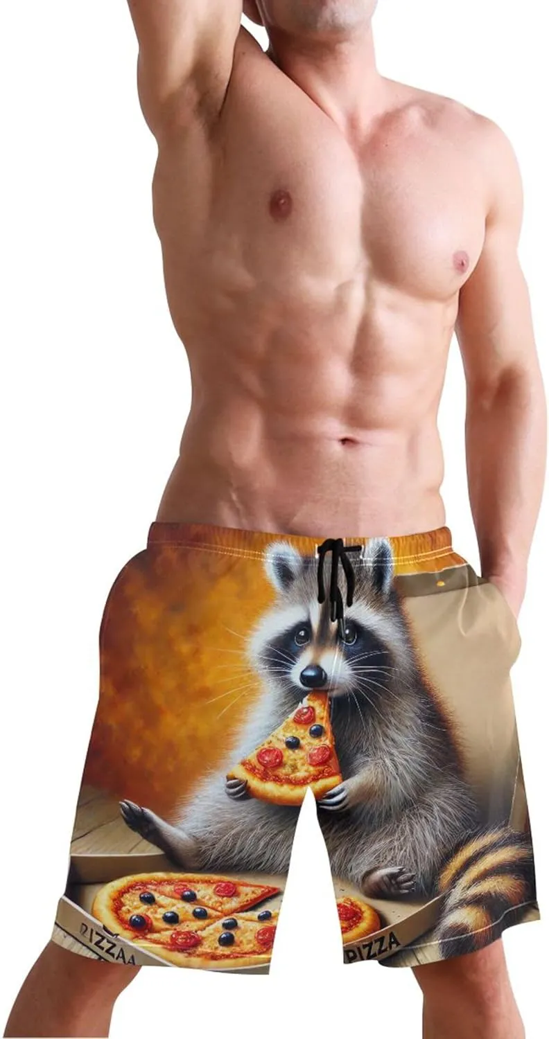 Cheesy Raccoon Pizza Night Board Swimming Shorts Swim Trunks for Men Hawaiian Swimwear Bathing Suits S