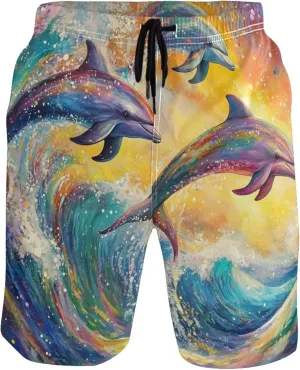 Colorful Dolphins Ocean Wave Men's Swim Trunks Funny Quick Dry Swimwear Surf Beach Swimming Shorts S