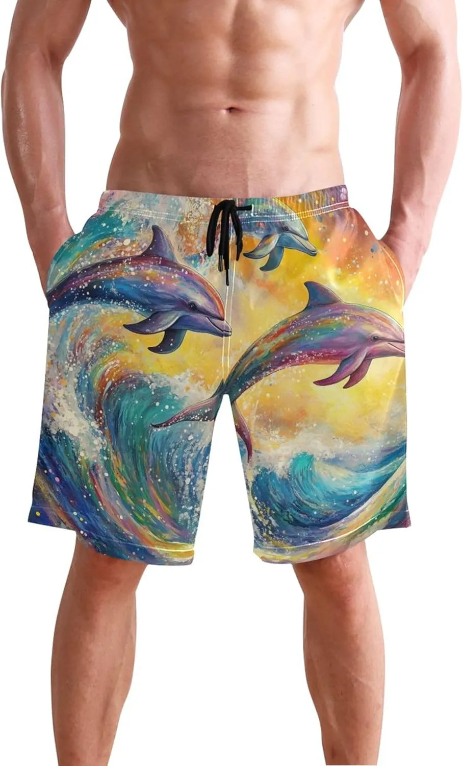 Colorful Dolphins Ocean Wave Men's Swim Trunks Funny Quick Dry Swimwear Surf Beach Swimming Shorts S