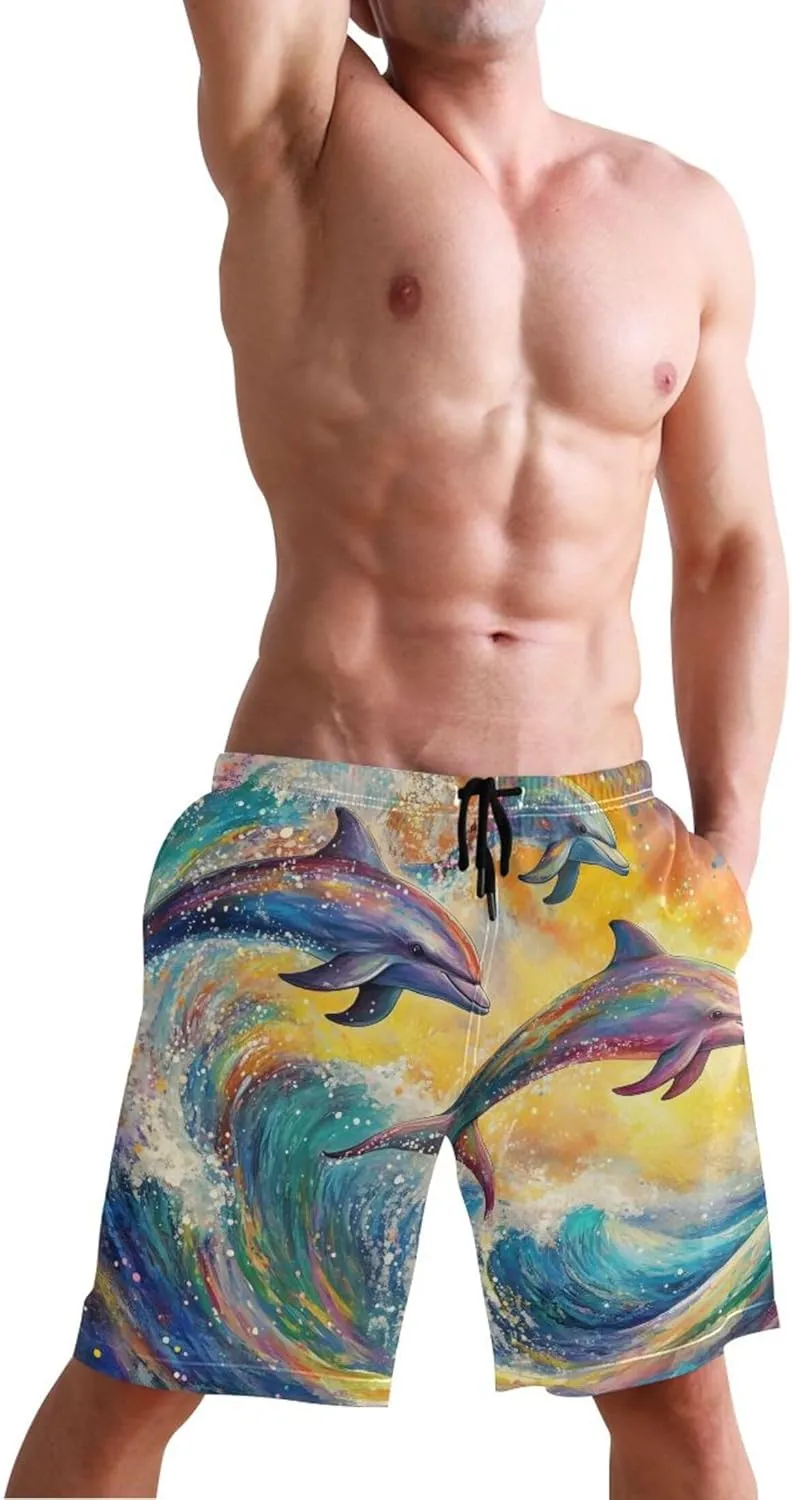 Colorful Dolphins Ocean Wave Men's Swim Trunks Funny Quick Dry Swimwear Surf Beach Swimming Shorts S