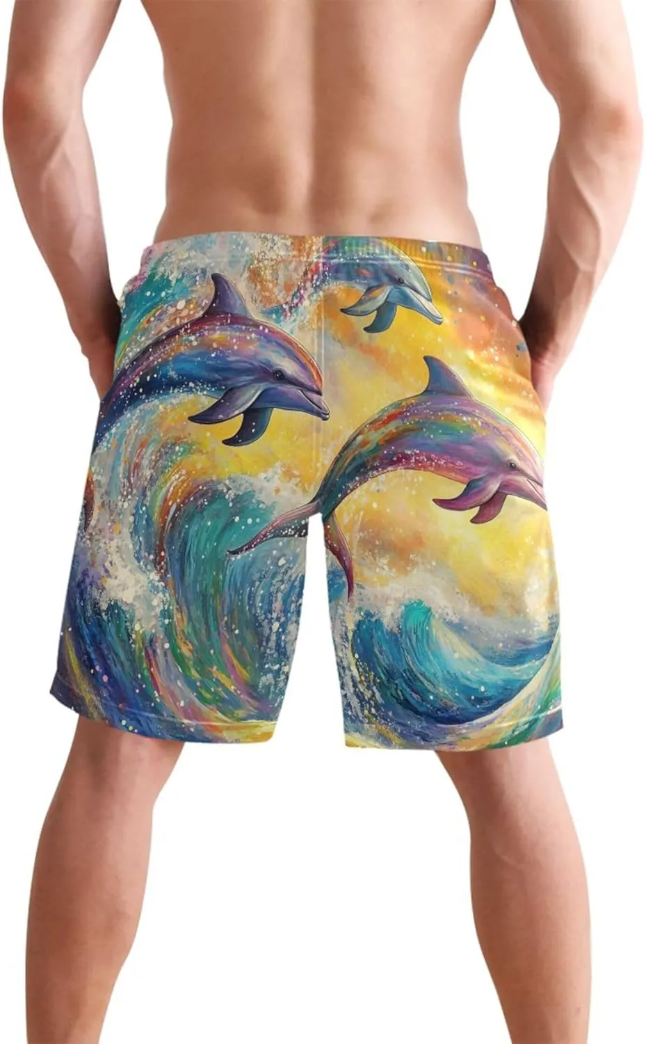 Colorful Dolphins Ocean Wave Men's Swim Trunks Funny Quick Dry Swimwear Surf Beach Swimming Shorts S