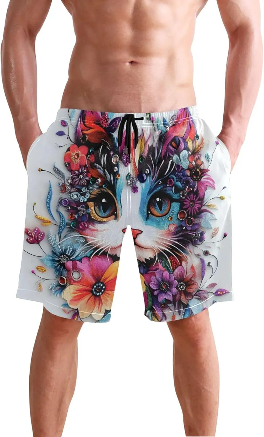 Colorful Floral Cat Artistic Print Swimming Shorts Beach Mens Swim Trunks Funny Hawaiian Bathing Suit Swimwear S
