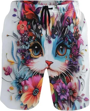 Colorful Floral Cat Artistic Print Swimming Shorts Beach Mens Swim Trunks Funny Hawaiian Bathing Suit Swimwear S