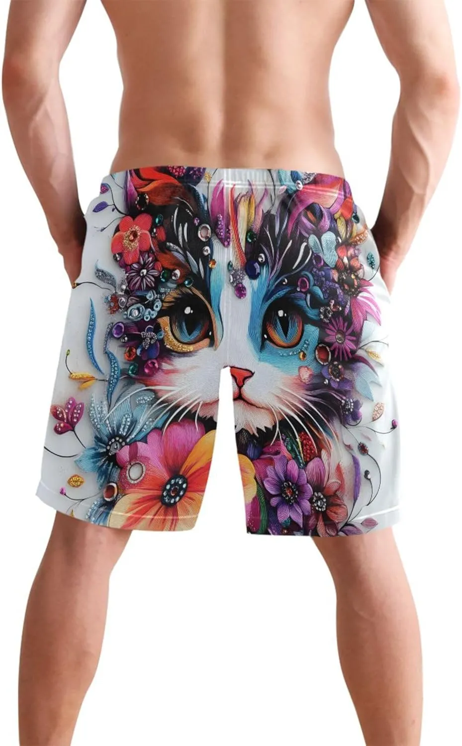 Colorful Floral Cat Artistic Print Swimming Shorts Beach Mens Swim Trunks Funny Hawaiian Bathing Suit Swimwear S