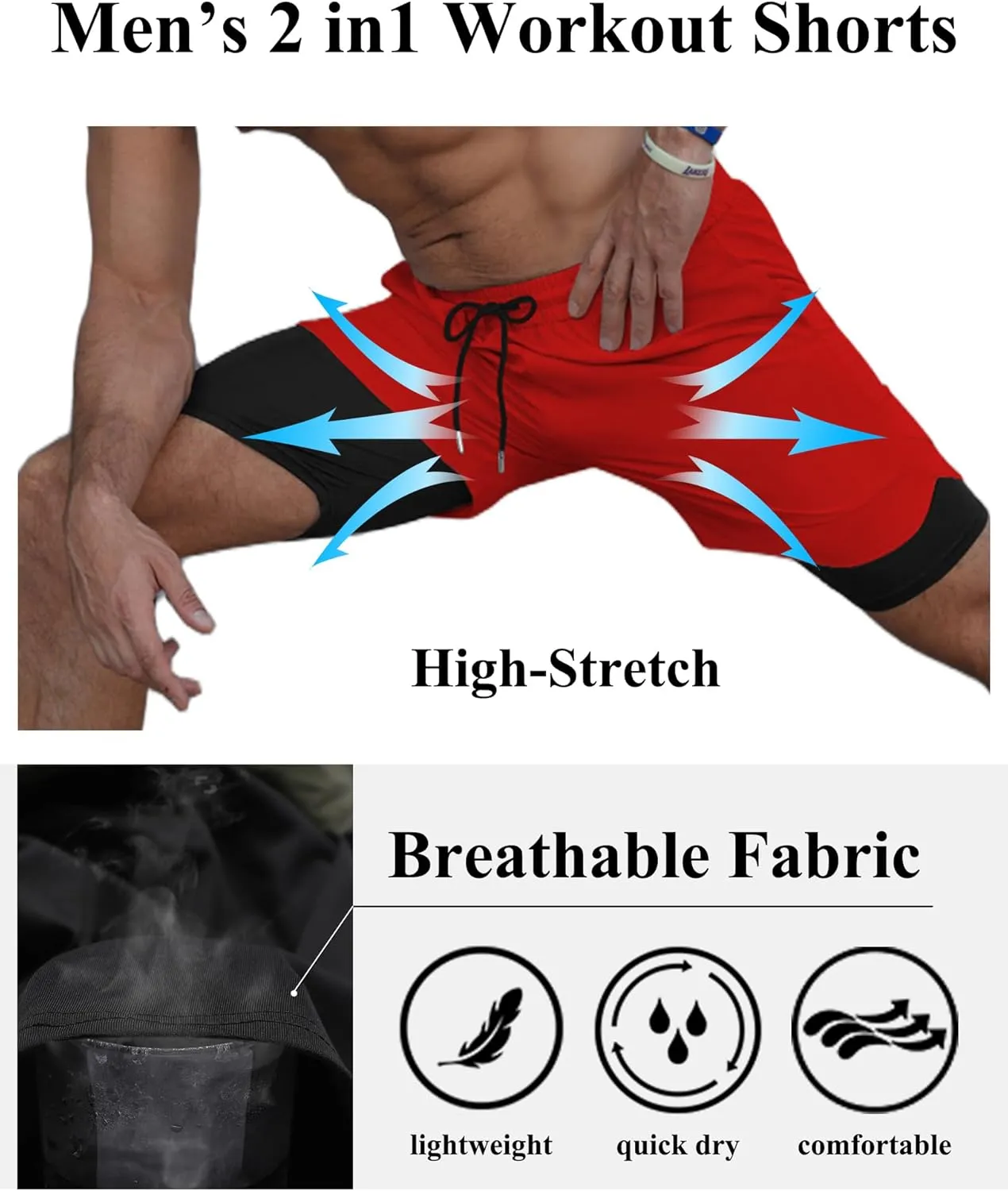 COOFANDY Men's 2 Pack Running Shorts 2 in 1 Workout Shorts Quick Dry Gym Training Athletic Jogger with Phone Pockets
