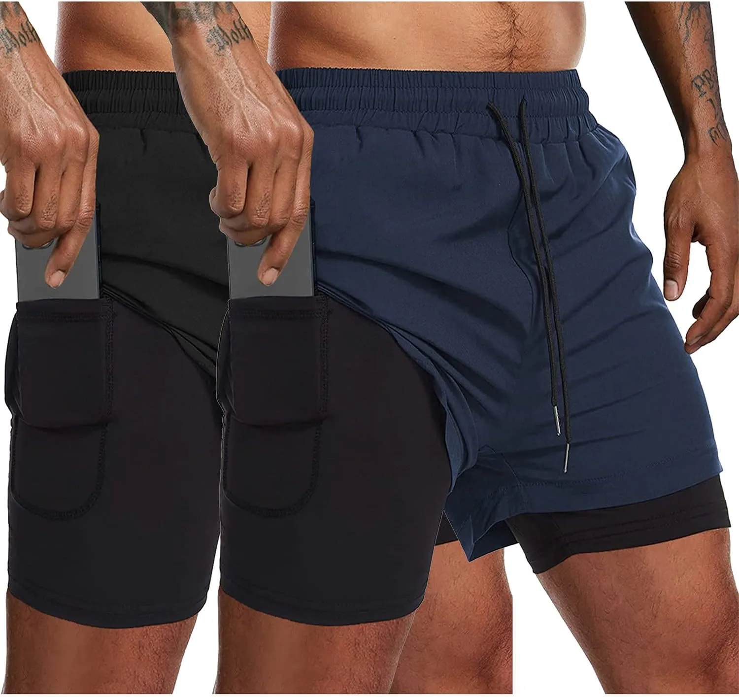 COOFANDY Men's 2 Pack Running Shorts 2 in 1 Workout Shorts Quick Dry Gym Training Athletic Jogger with Phone Pockets