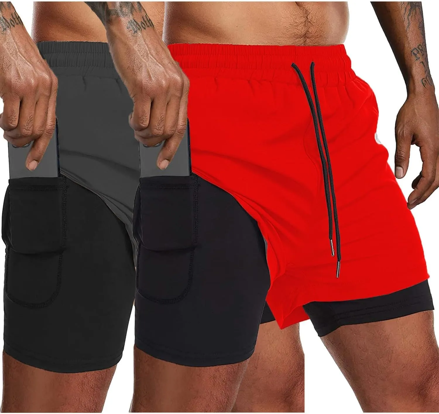 COOFANDY Men's 2 Pack Running Shorts 2 in 1 Workout Shorts Quick Dry Gym Training Athletic Jogger with Phone Pockets