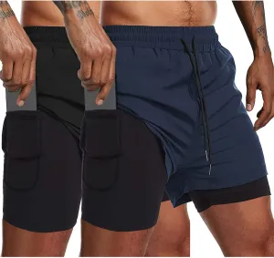 COOFANDY Men's 2 Pack Running Shorts 2 in 1 Workout Shorts Quick Dry Gym Training Athletic Jogger with Phone Pockets