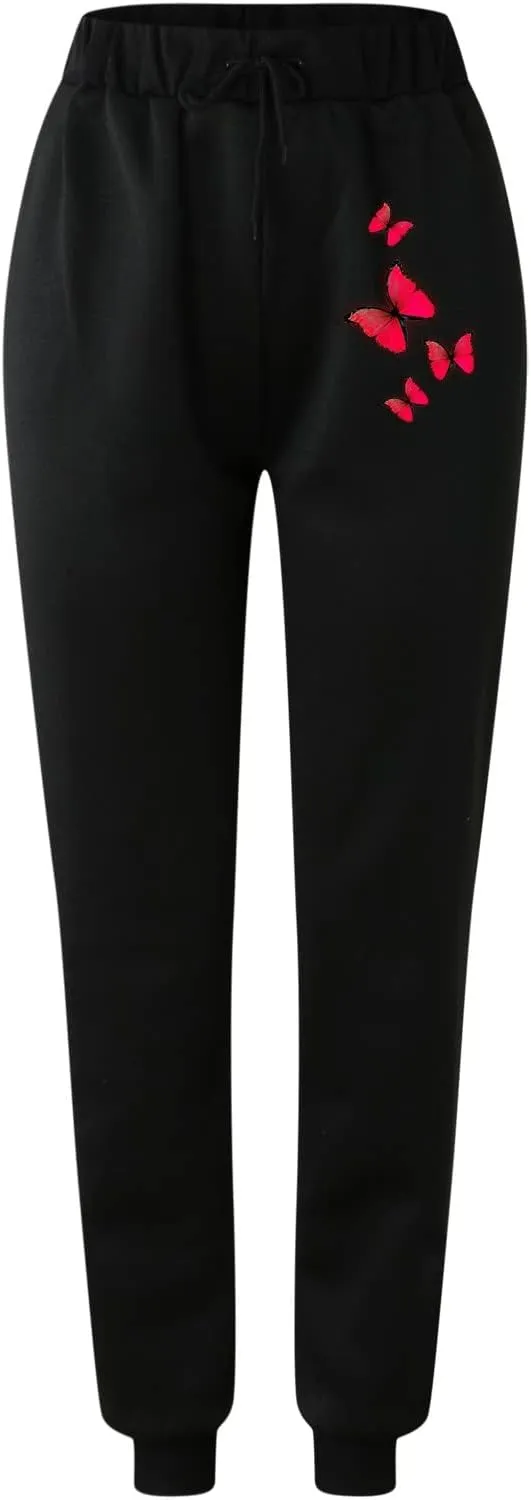 cooki Sweatpants for Women Mid Waisted Plus Sized Cinch Bottom Sweatpants with Pockets Batterflies Print Jogger Yoga Pants