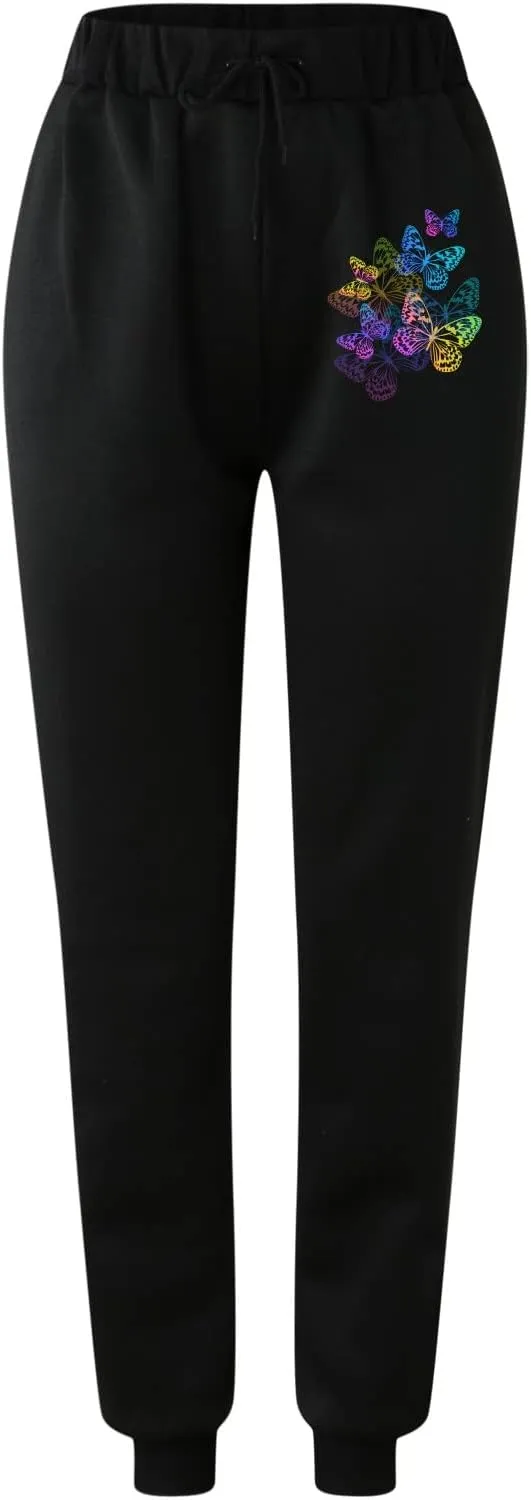 cooki Sweatpants for Women Mid Waisted Plus Sized Cinch Bottom Sweatpants with Pockets Batterflies Print Jogger Yoga Pants