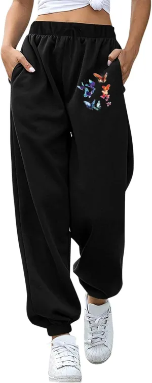 cooki Sweatpants for Women Mid Waisted Plus Sized Cinch Bottom Sweatpants with Pockets Batterflies Print Jogger Yoga Pants