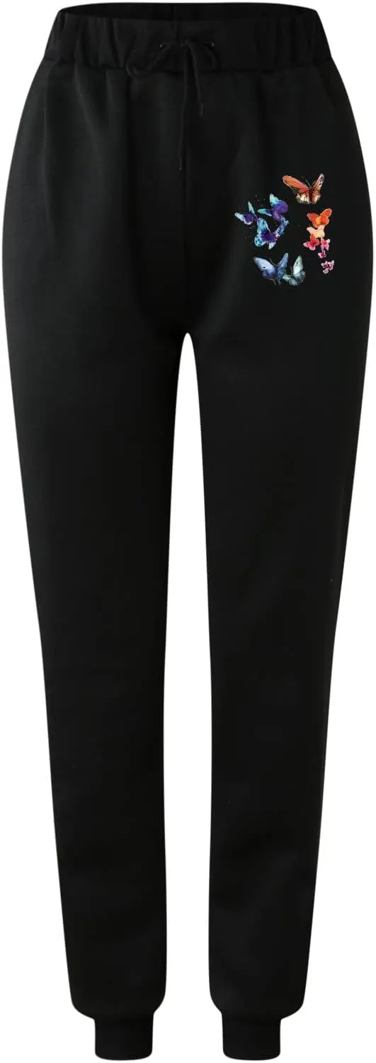 cooki Sweatpants for Women Mid Waisted Plus Sized Cinch Bottom Sweatpants with Pockets Batterflies Print Jogger Yoga Pants