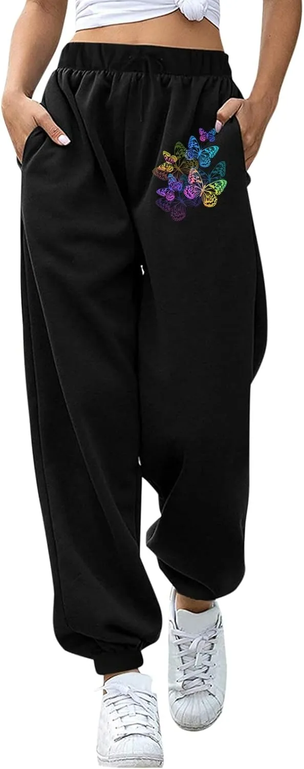cooki Sweatpants for Women Mid Waisted Plus Sized Cinch Bottom Sweatpants with Pockets Batterflies Print Jogger Yoga Pants
