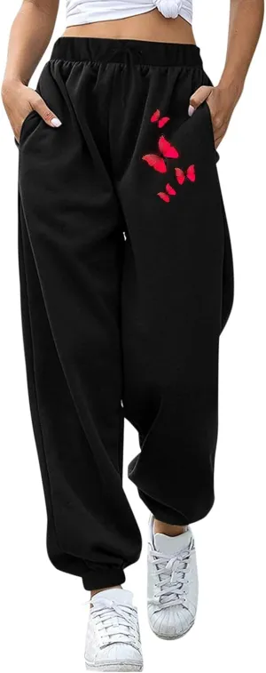 cooki Sweatpants for Women Mid Waisted Plus Sized Cinch Bottom Sweatpants with Pockets Batterflies Print Jogger Yoga Pants