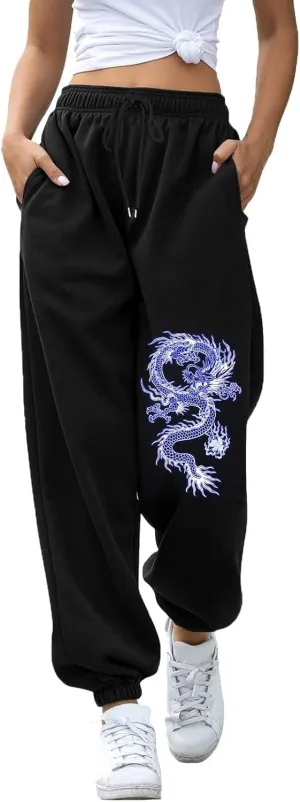 cooki Sweatpants Women Baggy Cinch Bottom Drawstring Elastic Waist Pants Athletic Joggers Mid Waist Print Black Sweatpants