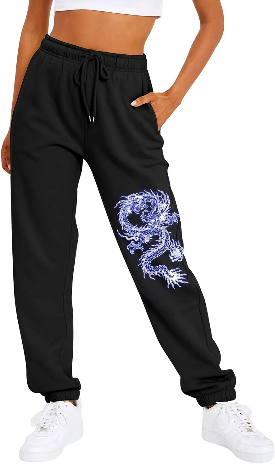 cooki Sweatpants Women Baggy Cinch Bottom Drawstring Elastic Waist Pants Athletic Joggers Mid Waist Print Black Sweatpants