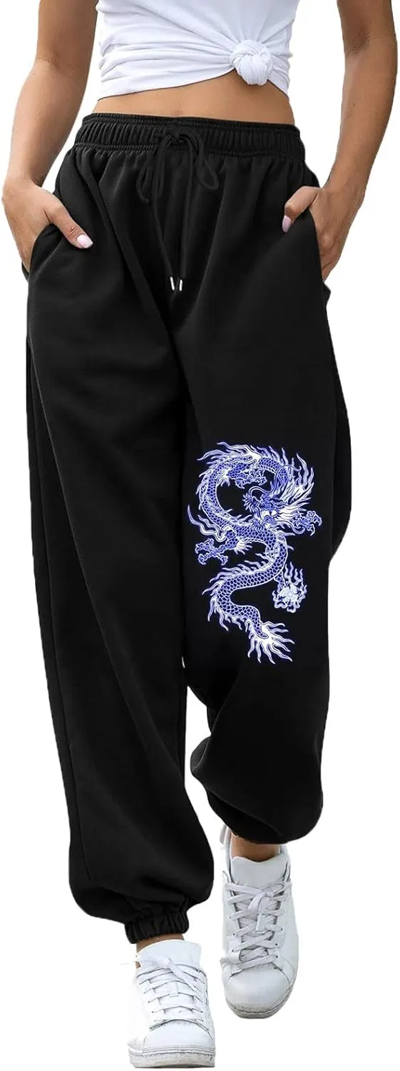 cooki Sweatpants Women Baggy Cinch Bottom Drawstring Elastic Waist Pants Athletic Joggers Mid Waist Print Black Sweatpants