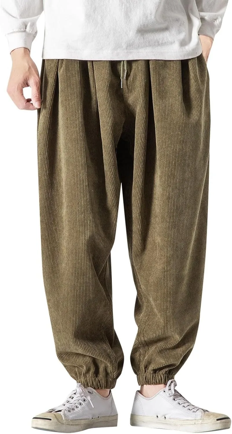 Corduroy Harem Pants for Men Relaxed Fit Plus Size Hip Hop Tapered Trousers Autumn and Winter Loose Fit Stretch Casual Pants