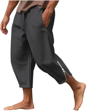 Cotton Linen Capris Pants for Men Drawstring Elastic Waist Side Zipper Casual Pants Athletic Gym Pants with Pocket