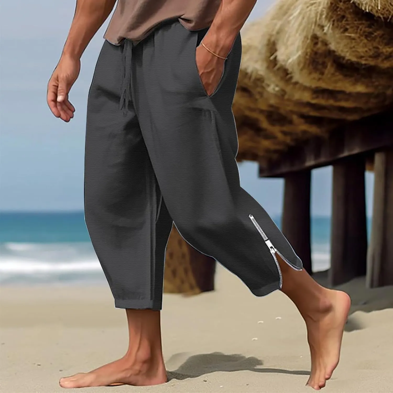 Cotton Linen Capris Pants for Men Drawstring Elastic Waist Side Zipper Casual Pants Athletic Gym Pants with Pocket