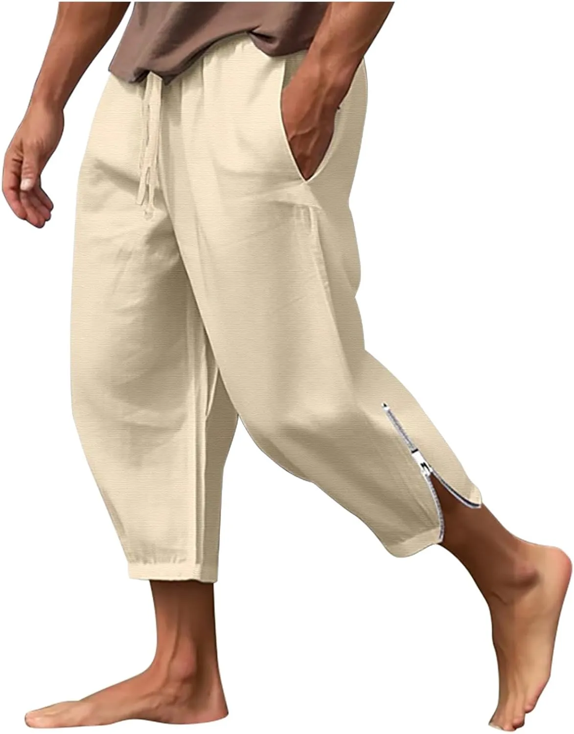 Cotton Linen Capris Pants for Men Drawstring Elastic Waist Side Zipper Casual Pants Athletic Gym Pants with Pocket