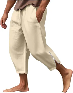 Cotton Linen Capris Pants for Men Drawstring Elastic Waist Side Zipper Casual Pants Athletic Gym Pants with Pocket