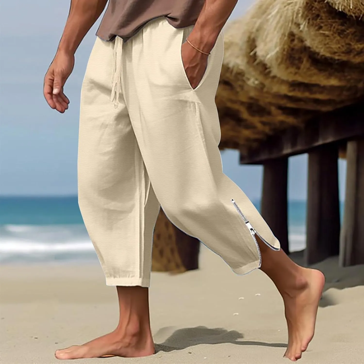 Cotton Linen Capris Pants for Men Drawstring Elastic Waist Side Zipper Casual Pants Athletic Gym Pants with Pocket