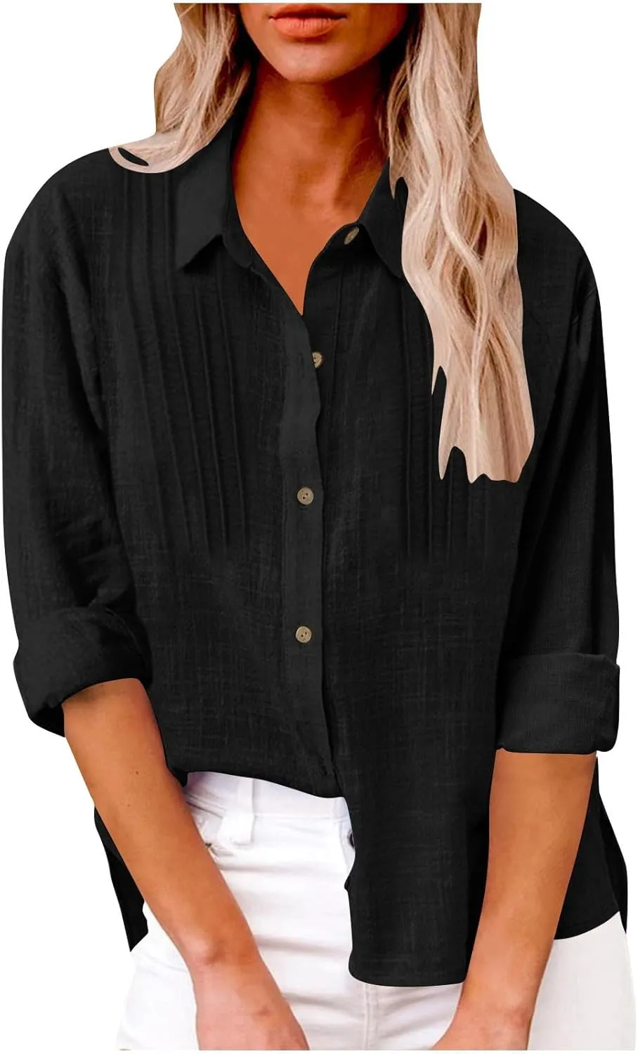 Cotton Linen Shirts for Women Summer Long Sleeve Button Down Shirt Pleated Front Gauze Tops Loose Casual Blouses