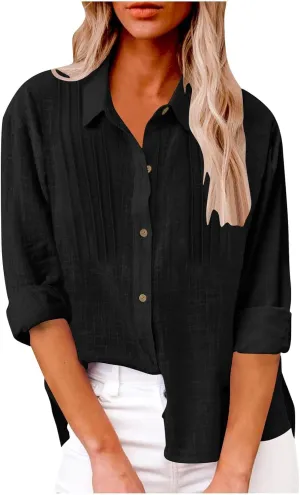 Cotton Linen Shirts for Women Summer Long Sleeve Button Down Shirt Pleated Front Gauze Tops Loose Casual Blouses