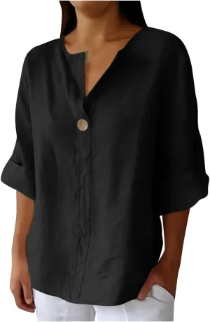 Cotton Linen Tops for Women Loose Size Button Down V Neck Shirts Casual Half Sleeve Basic Hawaiian Summer Blouse