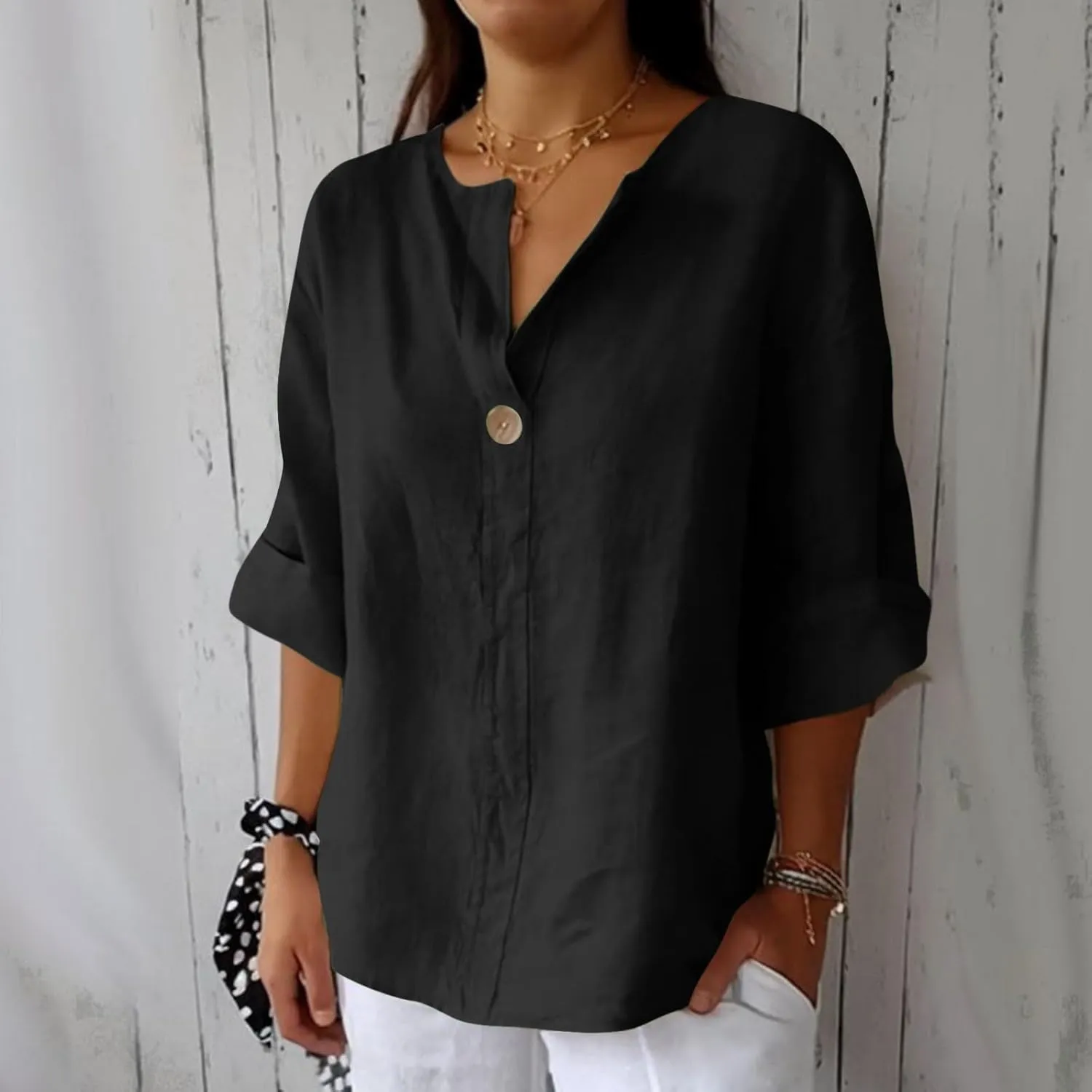 Cotton Linen Tops for Women Loose Size Button Down V Neck Shirts Casual Half Sleeve Basic Hawaiian Summer Blouse