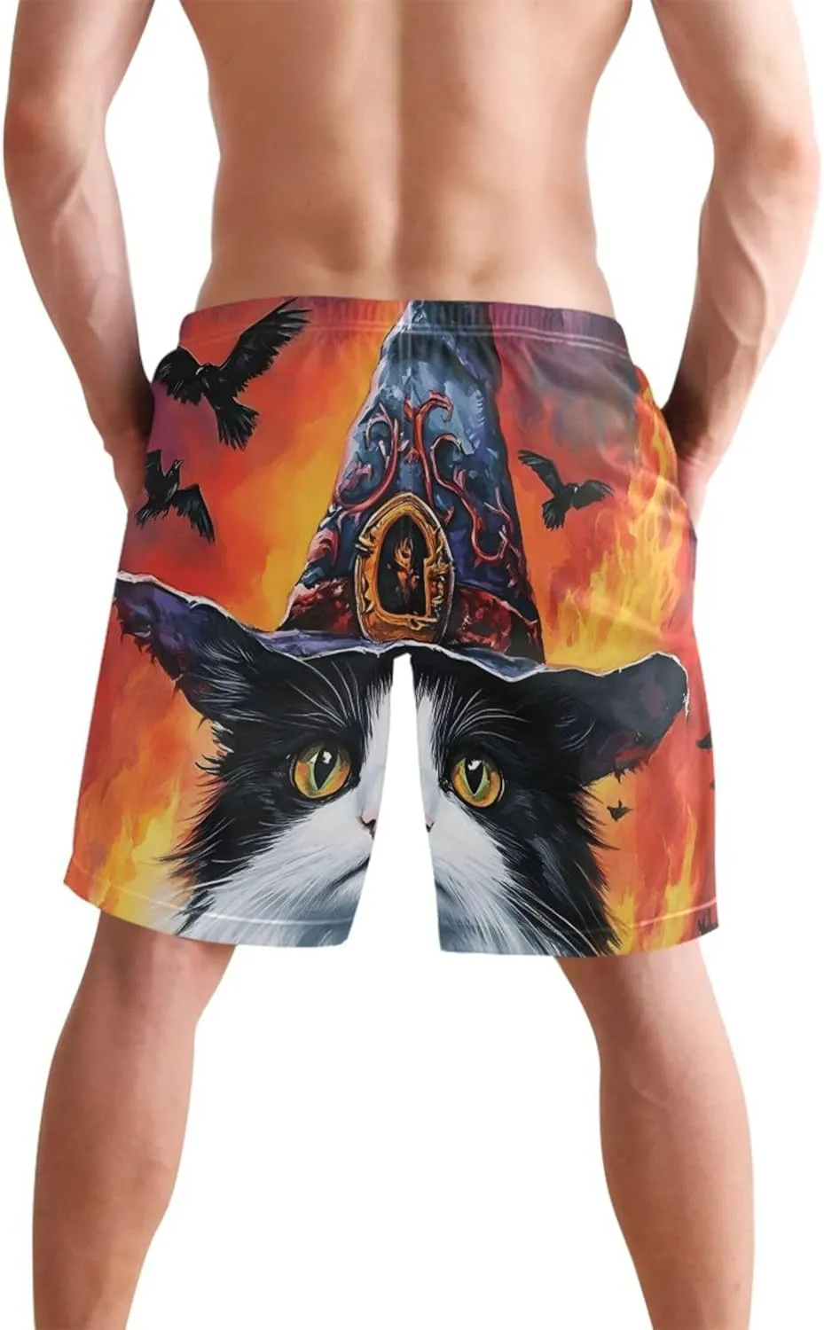 Custom Men Swim Trunks Funny Halloween Witch Cat Gothic Beach Swimming Shorts Bathing Suit Quick Dry S