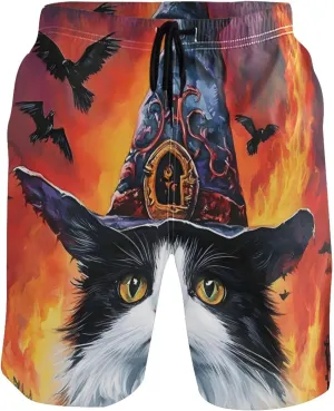 Custom Men Swim Trunks Funny Halloween Witch Cat Gothic Beach Swimming Shorts Bathing Suit Quick Dry S