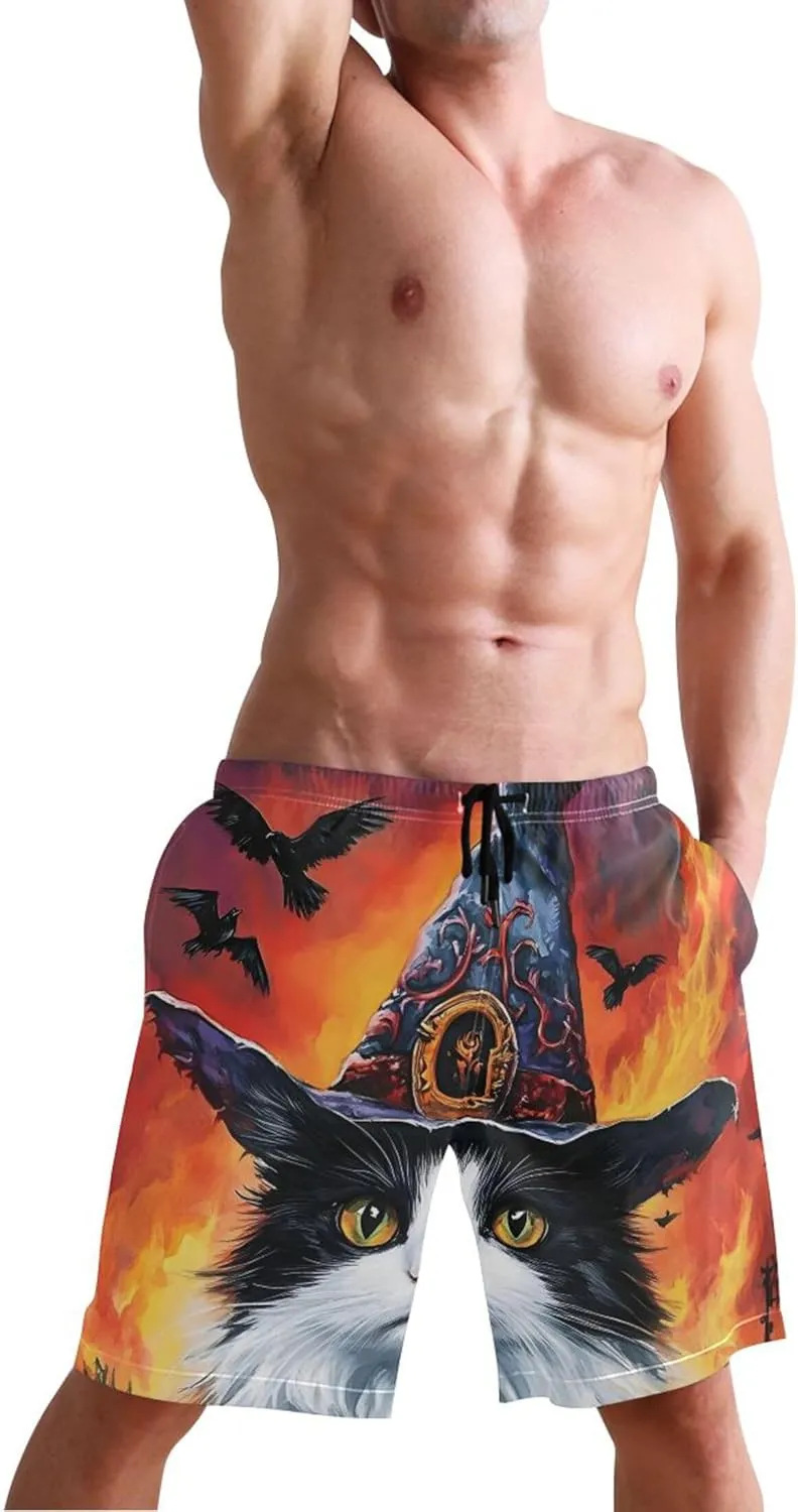 Custom Men Swim Trunks Funny Halloween Witch Cat Gothic Beach Swimming Shorts Bathing Suit Quick Dry S