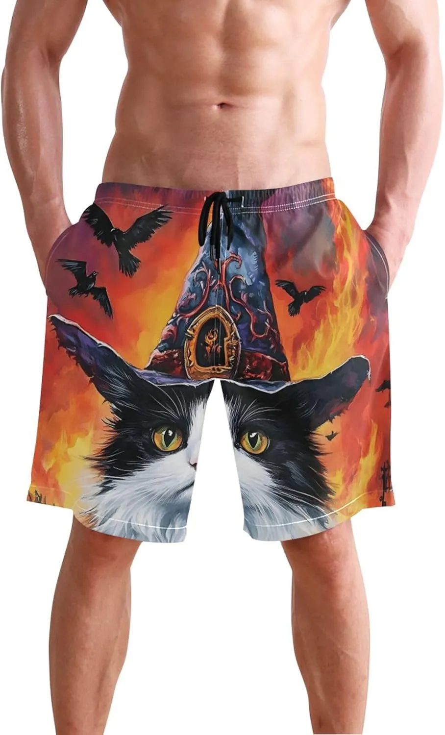 Custom Men Swim Trunks Funny Halloween Witch Cat Gothic Beach Swimming Shorts Bathing Suit Quick Dry S
