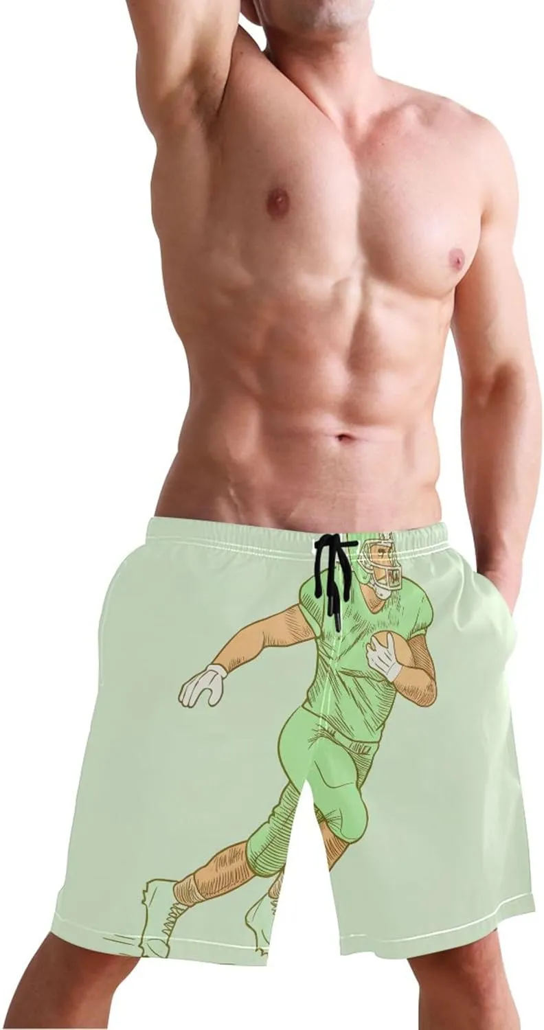 Custom Mens Swim Trunks Funny American Football Player Green Beach Swimming Shorts Bathing Suit Quick Dry S