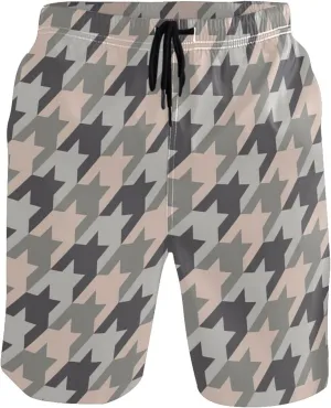 Custom Mens Swim Trunks Funny Houndstooth Taupe Beach Swimming Shorts Swimwear Bathing Suits S