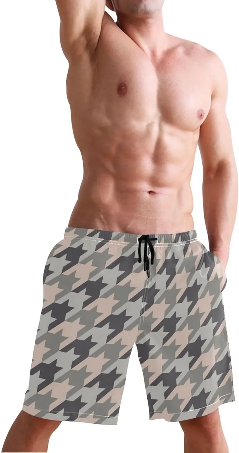 Custom Mens Swim Trunks Funny Houndstooth Taupe Beach Swimming Shorts Swimwear Bathing Suits S