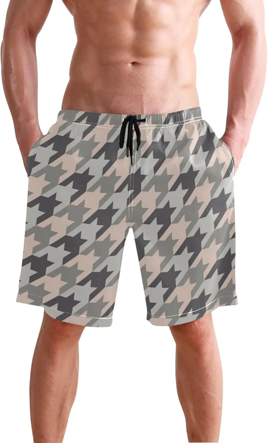 Custom Mens Swim Trunks Funny Houndstooth Taupe Beach Swimming Shorts Swimwear Bathing Suits S