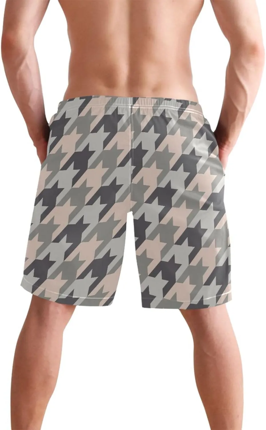 Custom Mens Swim Trunks Funny Houndstooth Taupe Beach Swimming Shorts Swimwear Bathing Suits S