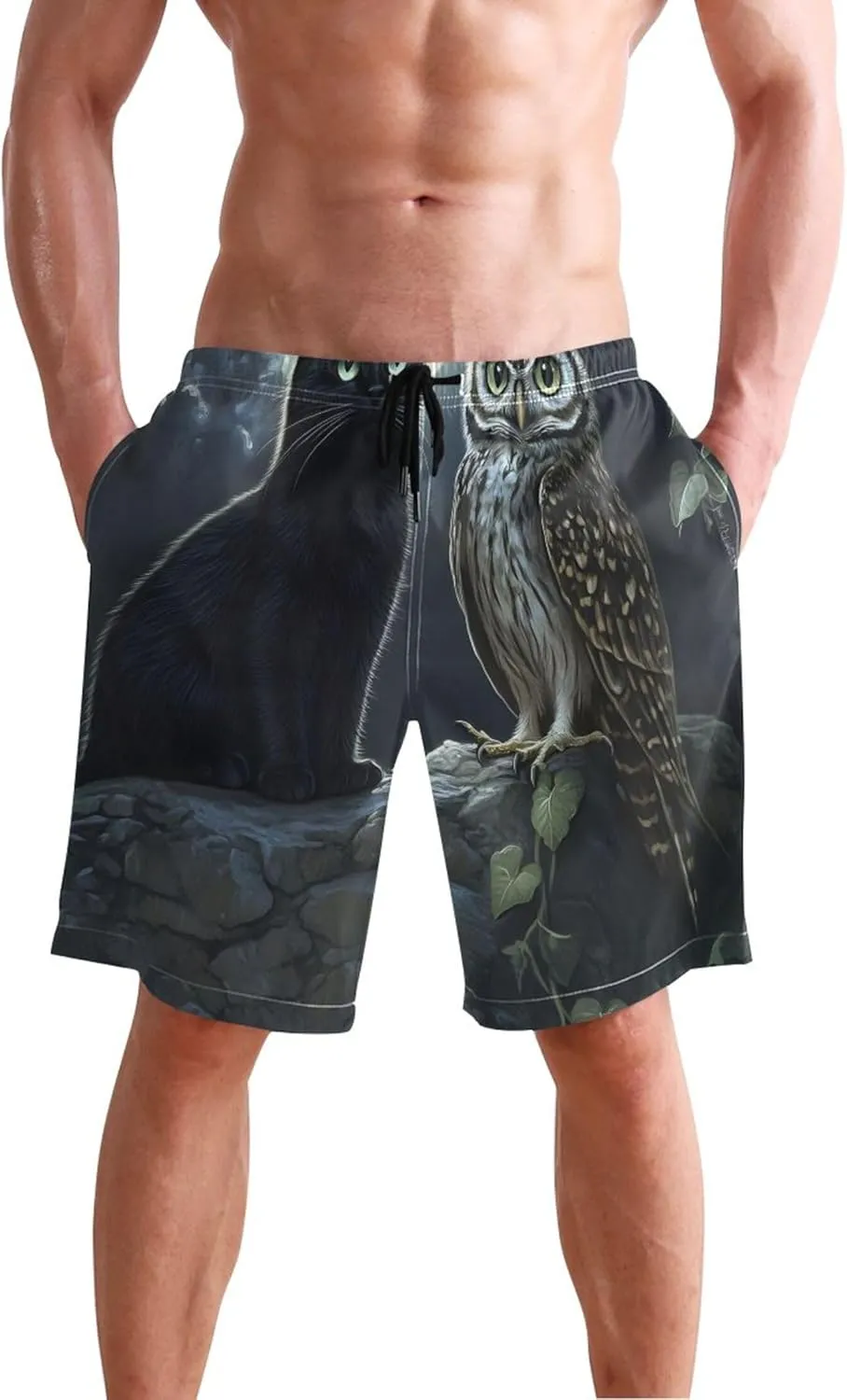 Custom Swim Trunks Men Cute Mystic Black Cat Owl Moonlight Beach Swimming Shorts Elastic Quick Dry S