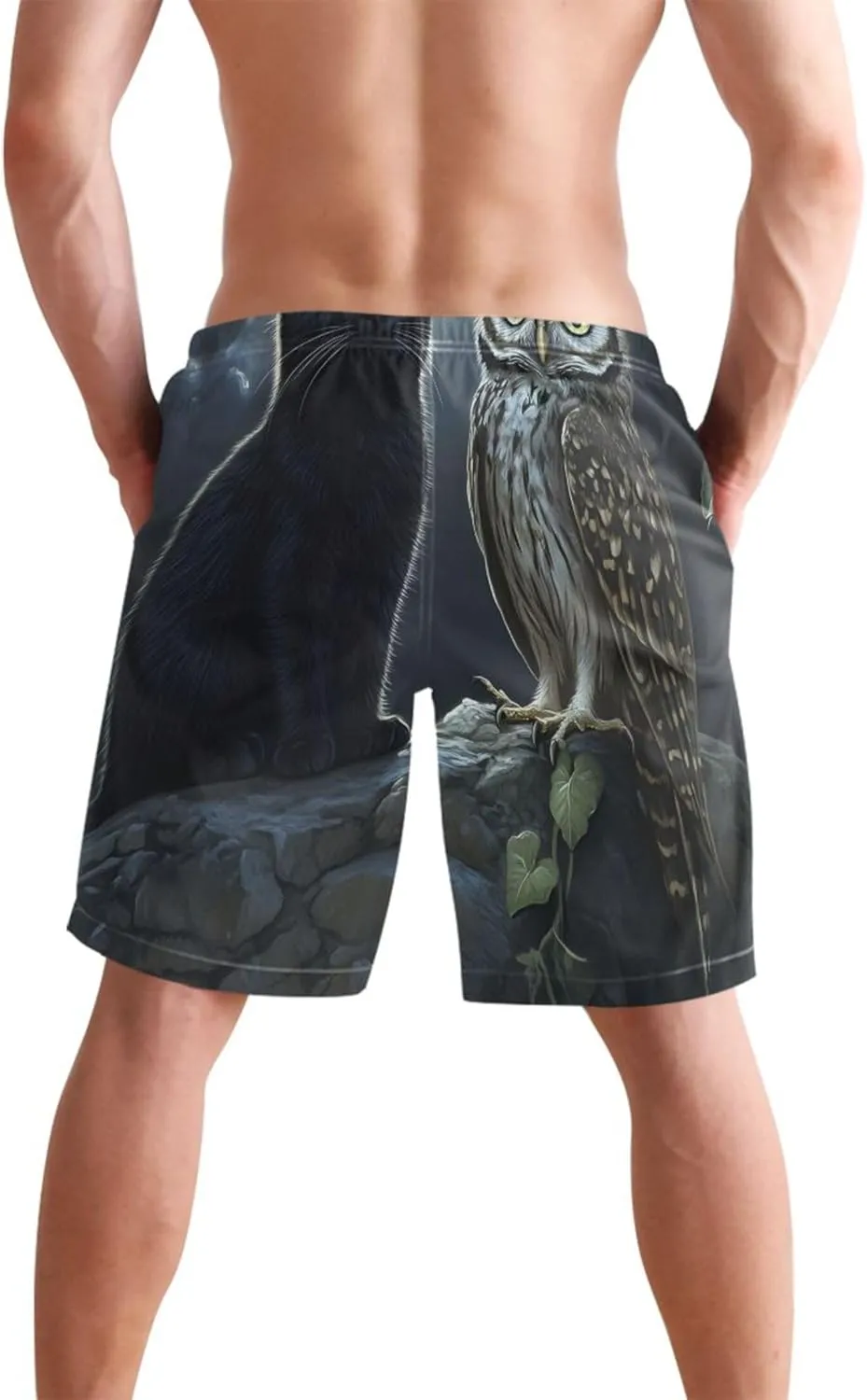 Custom Swim Trunks Men Cute Mystic Black Cat Owl Moonlight Beach Swimming Shorts Elastic Quick Dry S