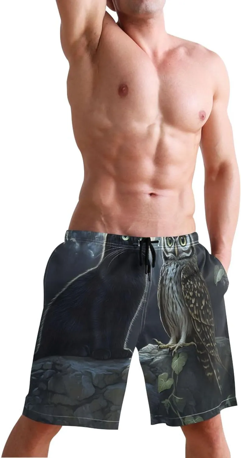 Custom Swim Trunks Men Cute Mystic Black Cat Owl Moonlight Beach Swimming Shorts Elastic Quick Dry S
