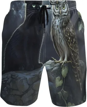 Custom Swim Trunks Men Cute Mystic Black Cat Owl Moonlight Beach Swimming Shorts Elastic Quick Dry S