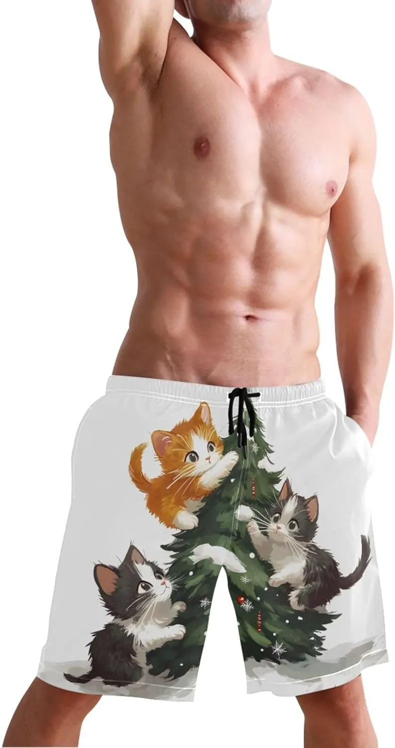 Cute Cats Christmas Tree Men Swim Trunks Funny Quick Dry Bathing Suits Surf Mens Swimming Shorts S