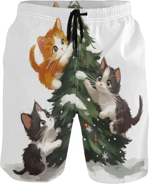 Cute Cats Christmas Tree Men Swim Trunks Funny Quick Dry Bathing Suits Surf Mens Swimming Shorts S